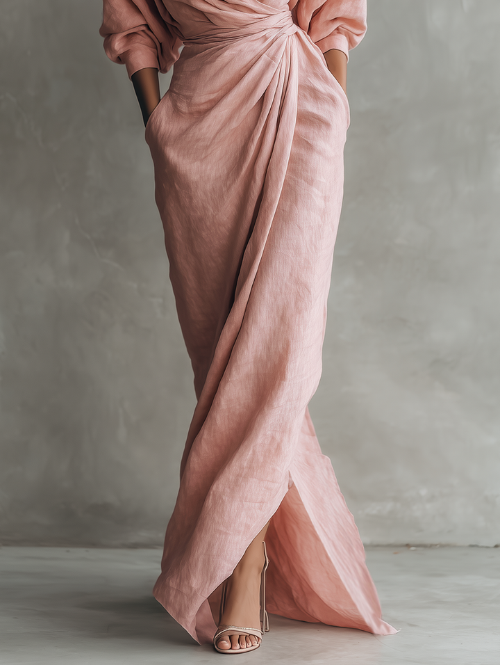 ELENA - VESTIDO MAXI DRAPEADO DE LINO – ROSA EMPOLVADO