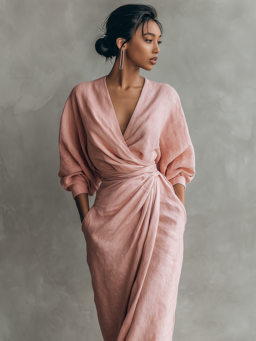 ELENA - VESTIDO MAXI DRAPEADO DE LINO – ROSA EMPOLVADO