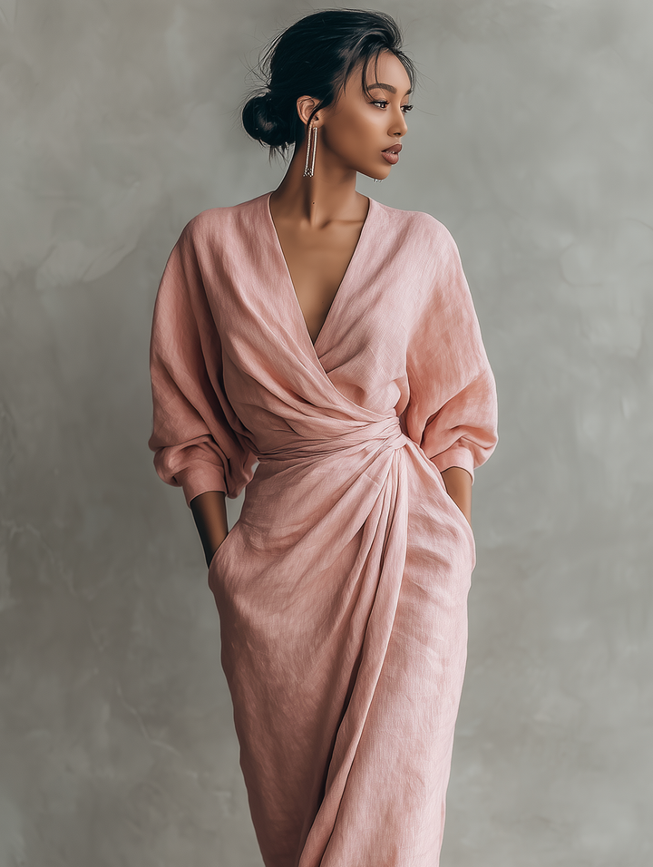 ELENA - VESTIDO MAXI DRAPEADO DE LINO – ROSA EMPOLVADO