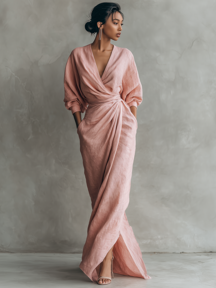 ELENA - VESTIDO MAXI DRAPEADO DE LINO – ROSA EMPOLVADO