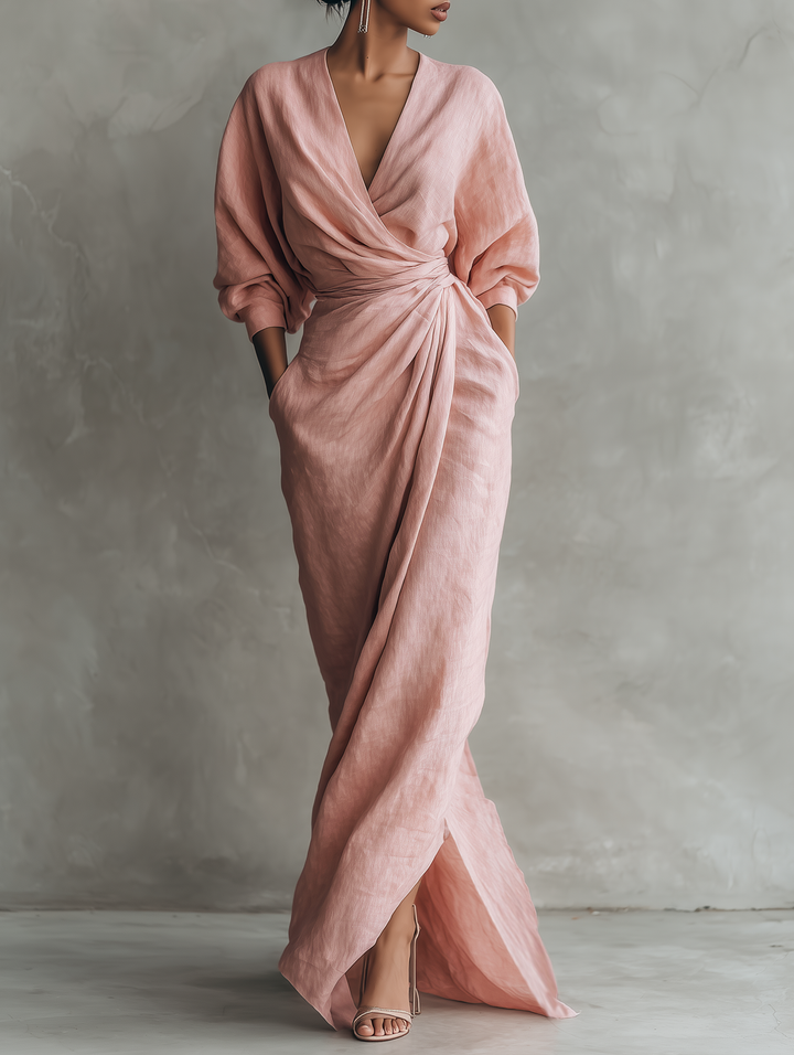ELENA - VESTIDO MAXI DRAPEADO DE LINO – ROSA EMPOLVADO