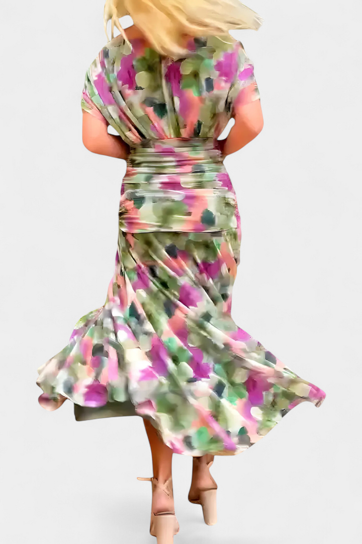 PAULA - VESTIDO LARGO CON ESTAMPADO FLORAL CUELLO EN V