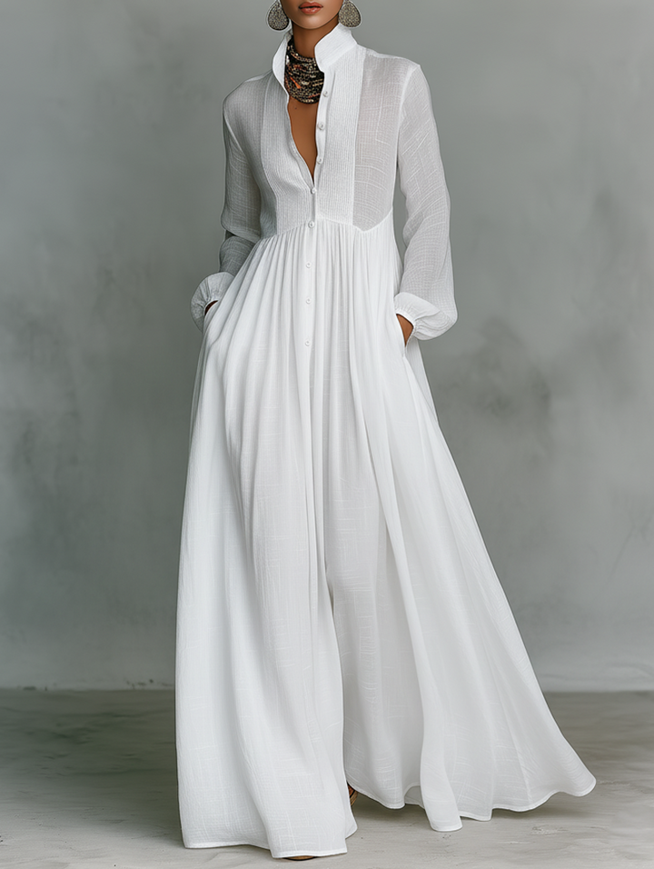 ELISA - VESTIDO MAXI MINIMALISTA DE ALGODÓN Y LINO CON CUELLO ALTO Y MANGAS LARGAS