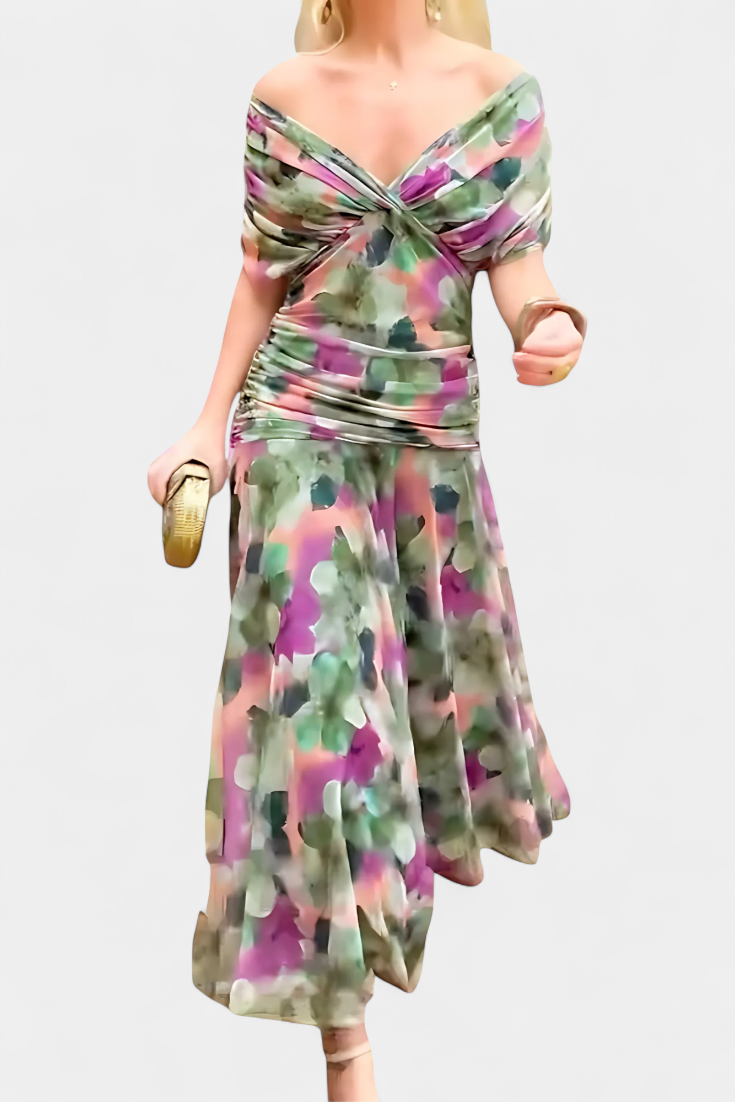 PAULA - VESTIDO LARGO CON ESTAMPADO FLORAL CUELLO EN V