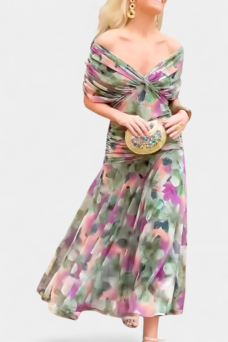 PAULA - VESTIDO LARGO CON ESTAMPADO FLORAL CUELLO EN V