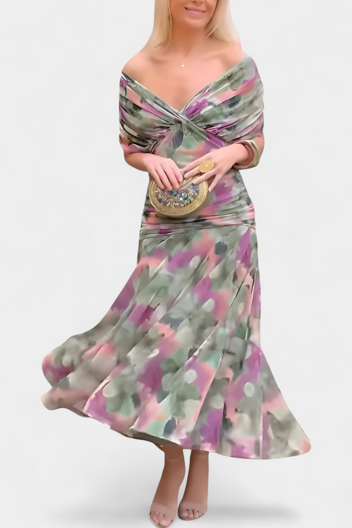 PAULA - VESTIDO LARGO CON ESTAMPADO FLORAL CUELLO EN V