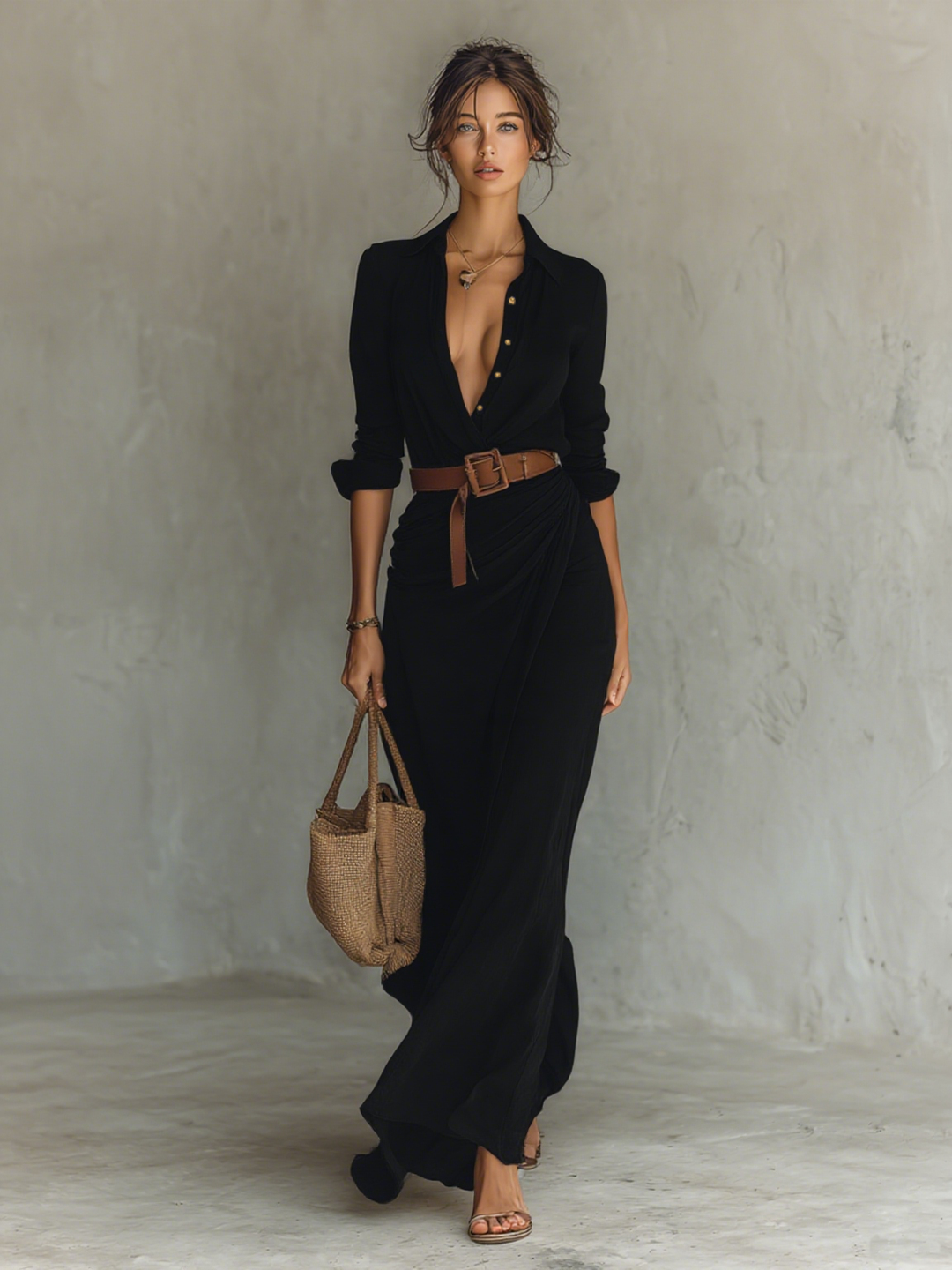 CRISTINA - VESTIDO LARGO CON CUELLO VUELTO Y MANGAS LARGAS PARA MUJER