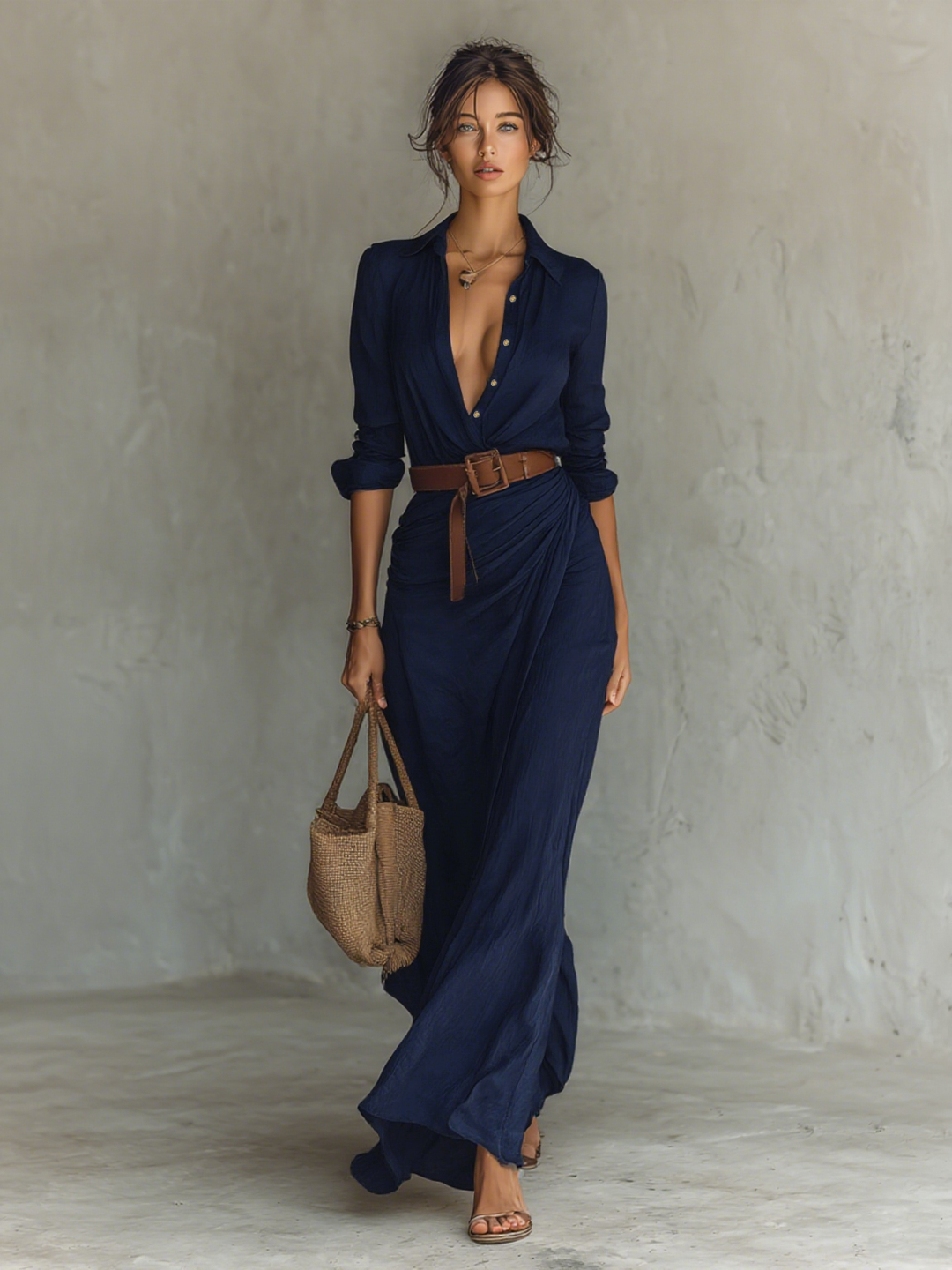 CRISTINA - VESTIDO LARGO CON CUELLO VUELTO Y MANGAS LARGAS PARA MUJER