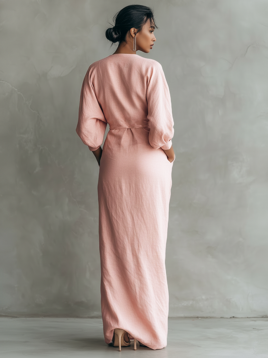 ELENA - VESTIDO MAXI DRAPEADO DE LINO – ROSA EMPOLVADO