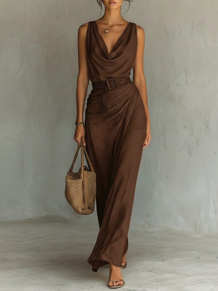 MARTA - VESTIDO LARGO SIN MANGAS CON CUELLO DRAPEADO DE ESTILO MINIMALISTA