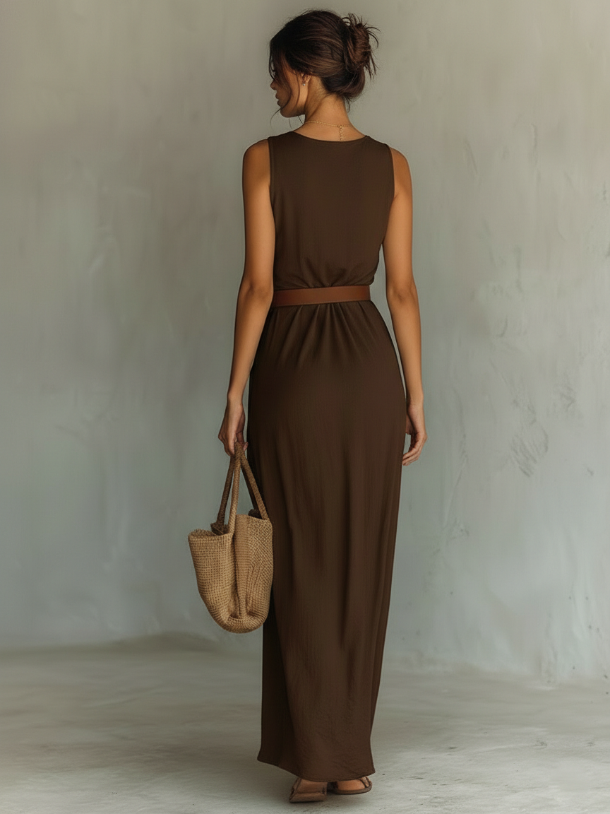 MARTA - VESTIDO LARGO SIN MANGAS CON CUELLO DRAPEADO DE ESTILO MINIMALISTA
