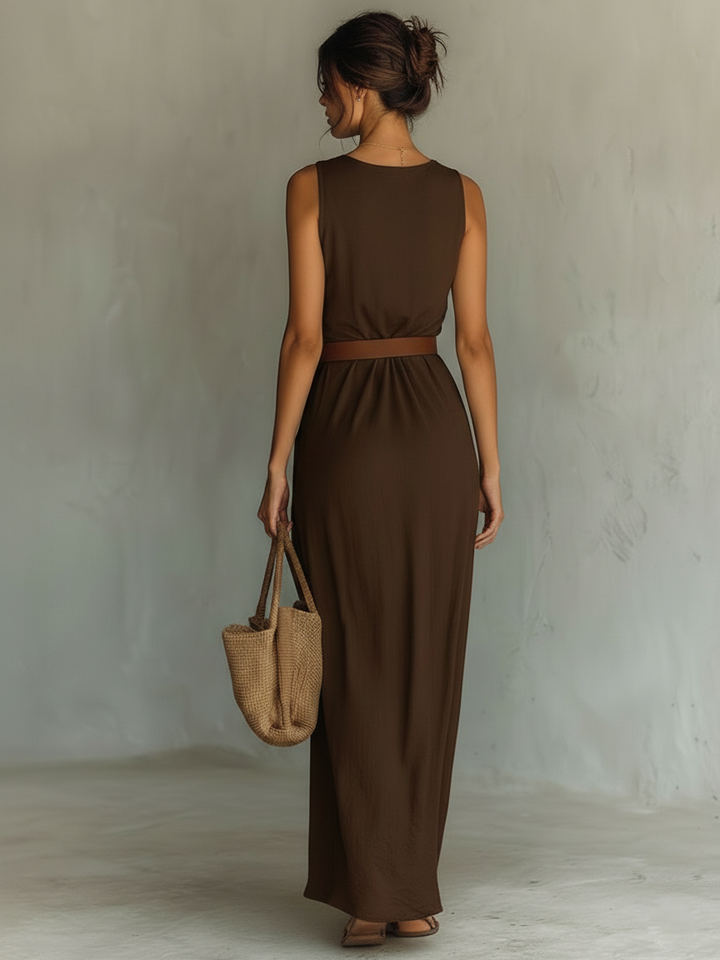 MARTA - VESTIDO LARGO SIN MANGAS CON CUELLO DRAPEADO DE ESTILO MINIMALISTA