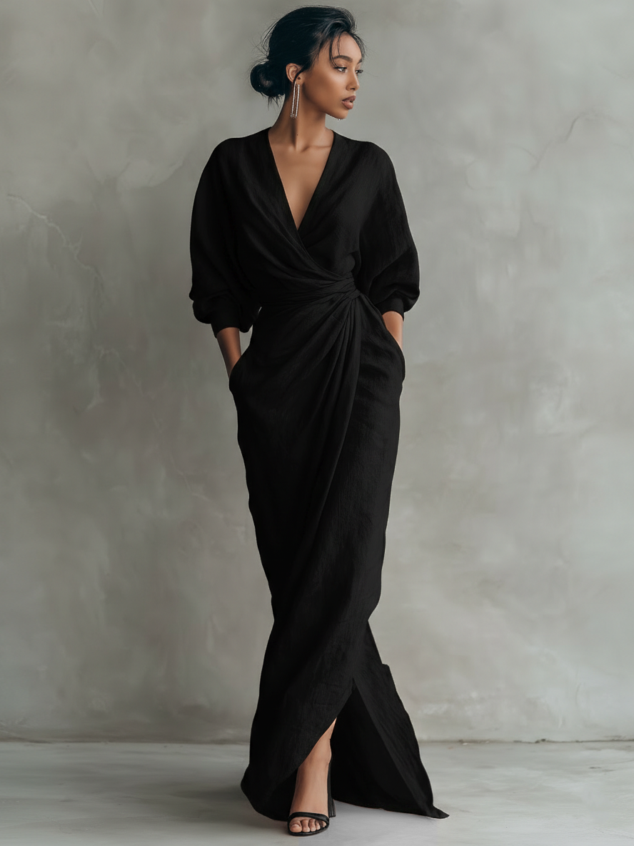 ELENA - VESTIDO MAXI DRAPEADO DE LINO – ROSA EMPOLVADO