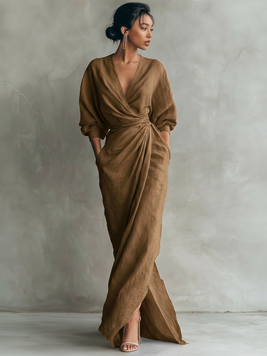 ELENA - VESTIDO MAXI DRAPEADO DE LINO – ROSA EMPOLVADO