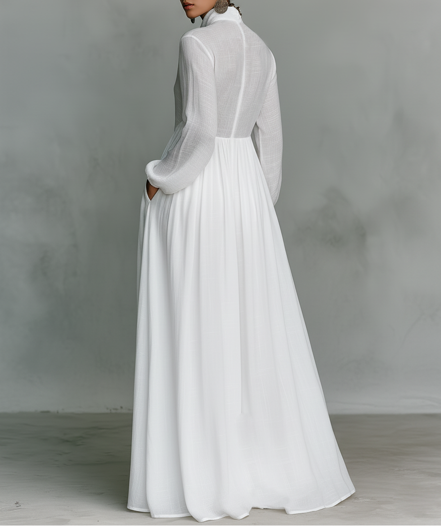 ELISA - VESTIDO MAXI MINIMALISTA DE ALGODÓN Y LINO CON CUELLO ALTO Y MANGAS LARGAS