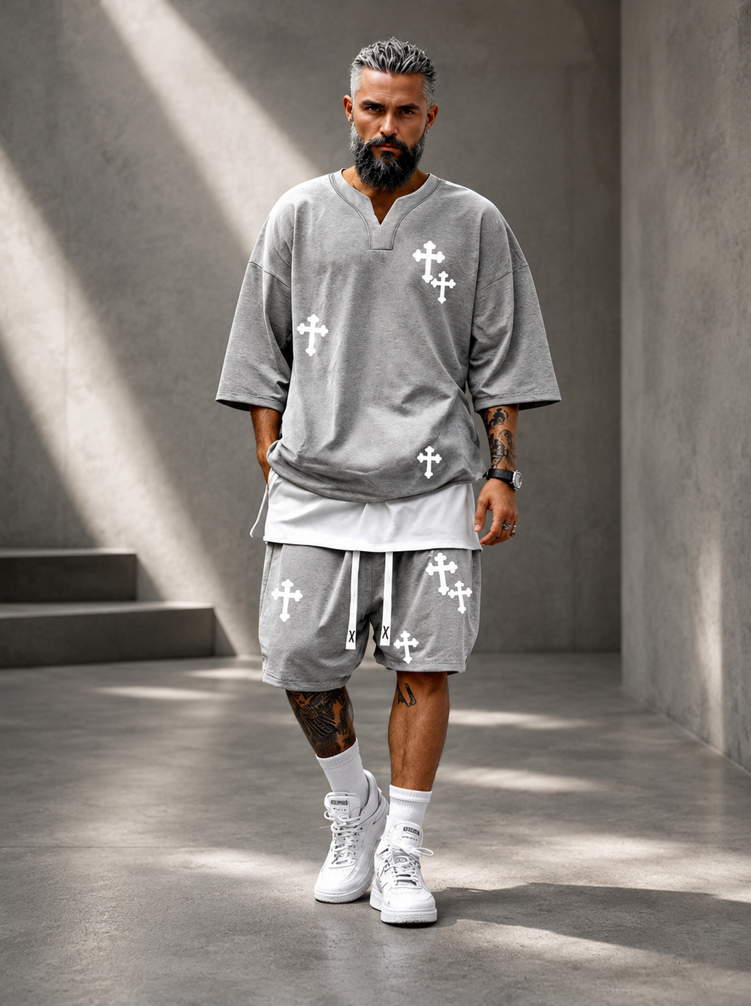 LEO · CONJUNTO STREETWEAR CON ESTAMPADO DE CRUCES