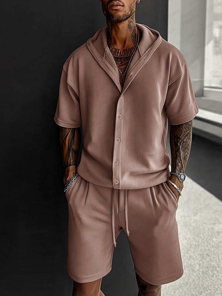 Simple Chic Hooded Shirt Shorts Set