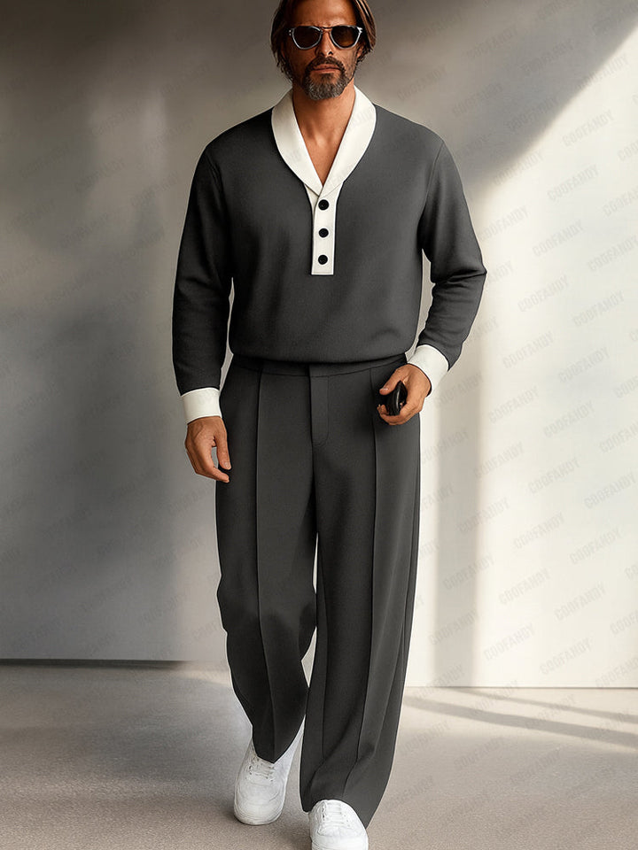 Modern Contrast Placket Top Pants Set