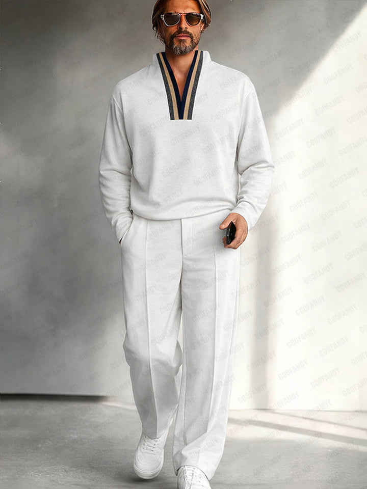 Casual Contrast Stand Collar Shirt Pants Set