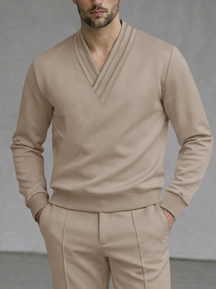 Casual Simple Pleated Collar Top and Pants Set