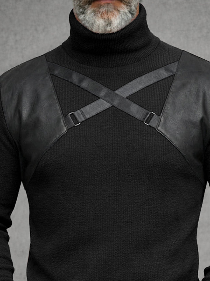 Stylish Leather Patchwork Turtleneck Top