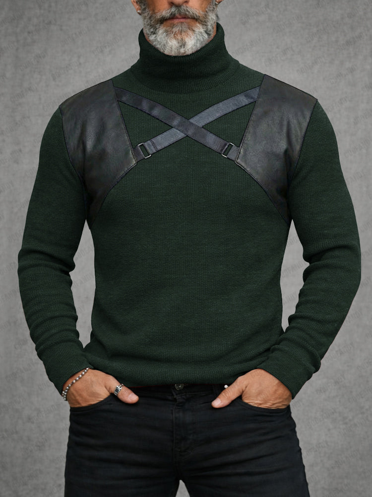 Stylish Leather Patchwork Turtleneck Top