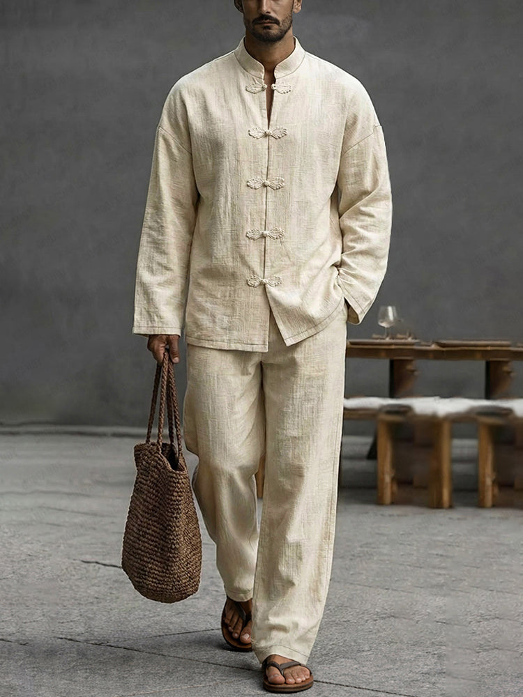 Minimalist Cotton Frog Button Long Sleeve Shirt Set