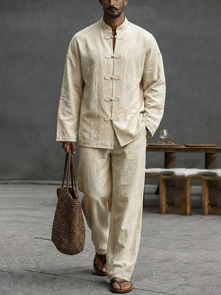 Minimalist Cotton Frog Button Long Sleeve Shirt Set