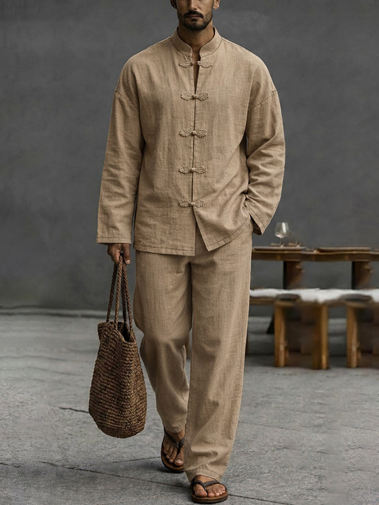 Minimalist Cotton Frog Button Long Sleeve Shirt Set
