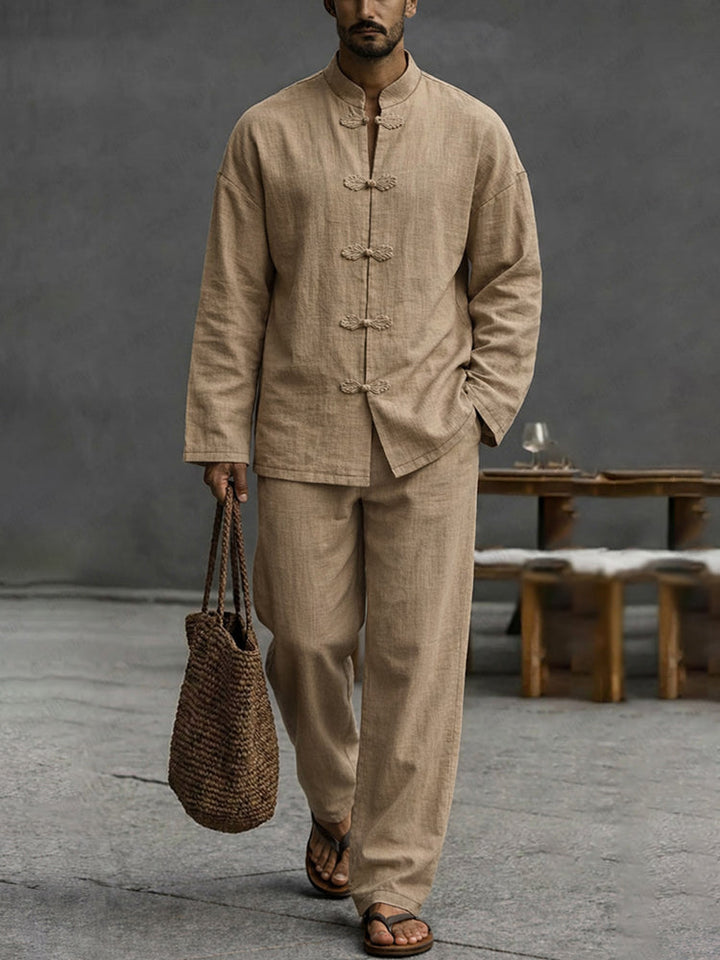 Minimalist Cotton Frog Button Long Sleeve Shirt Set
