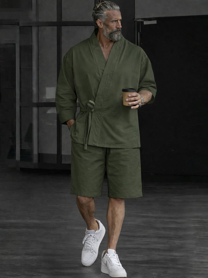 Stylish 100% Cotton Slant Placket Shirt Shorts Set