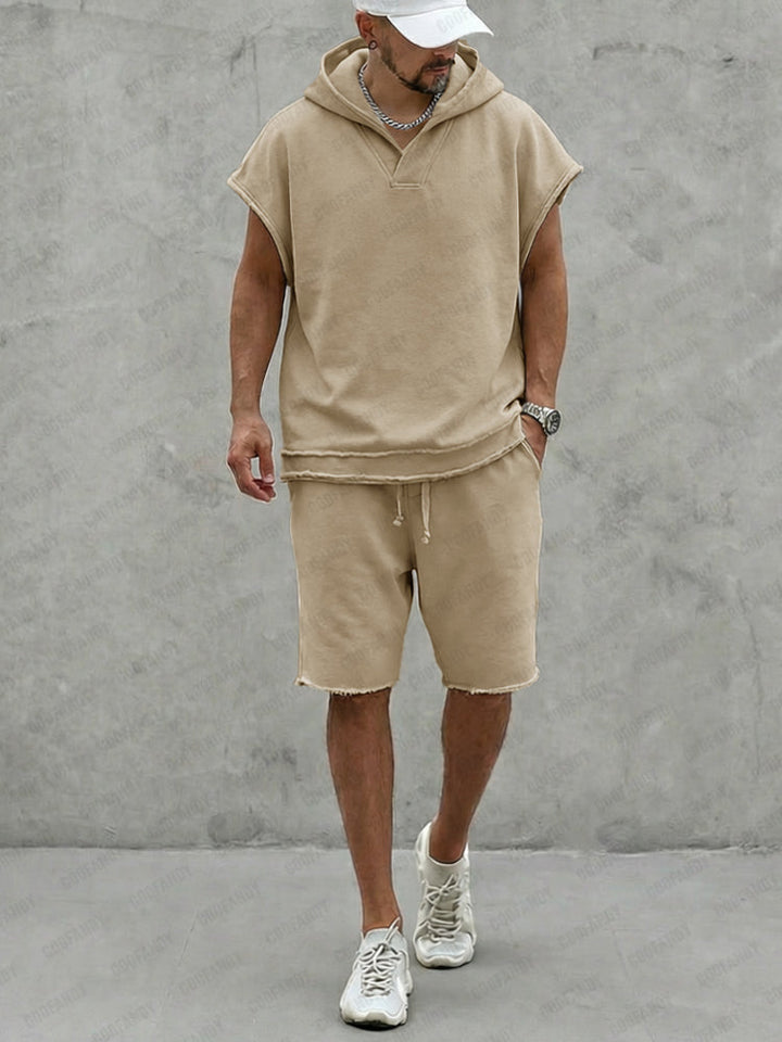 Casual Summer Raw Edge Hoodie Shorts Set