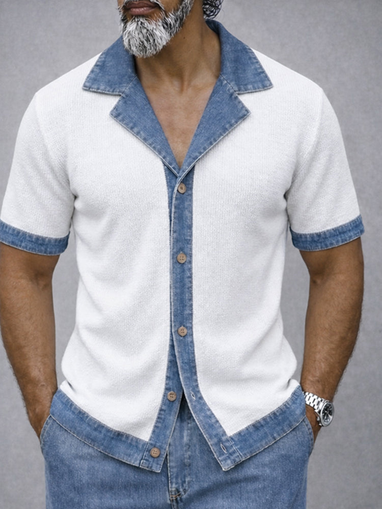 Modern Contrast Denim Textured Shirt Shorts Set