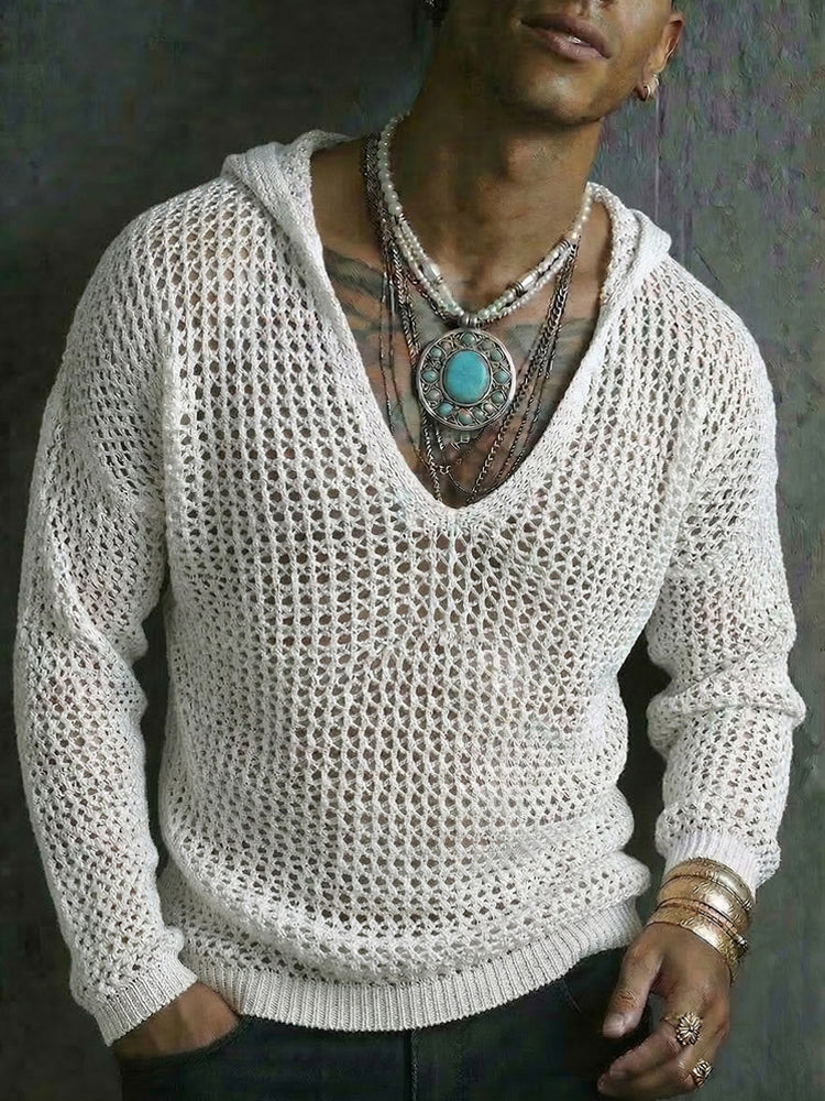 Boho Style Vacation Crochet Knit Hooded Top