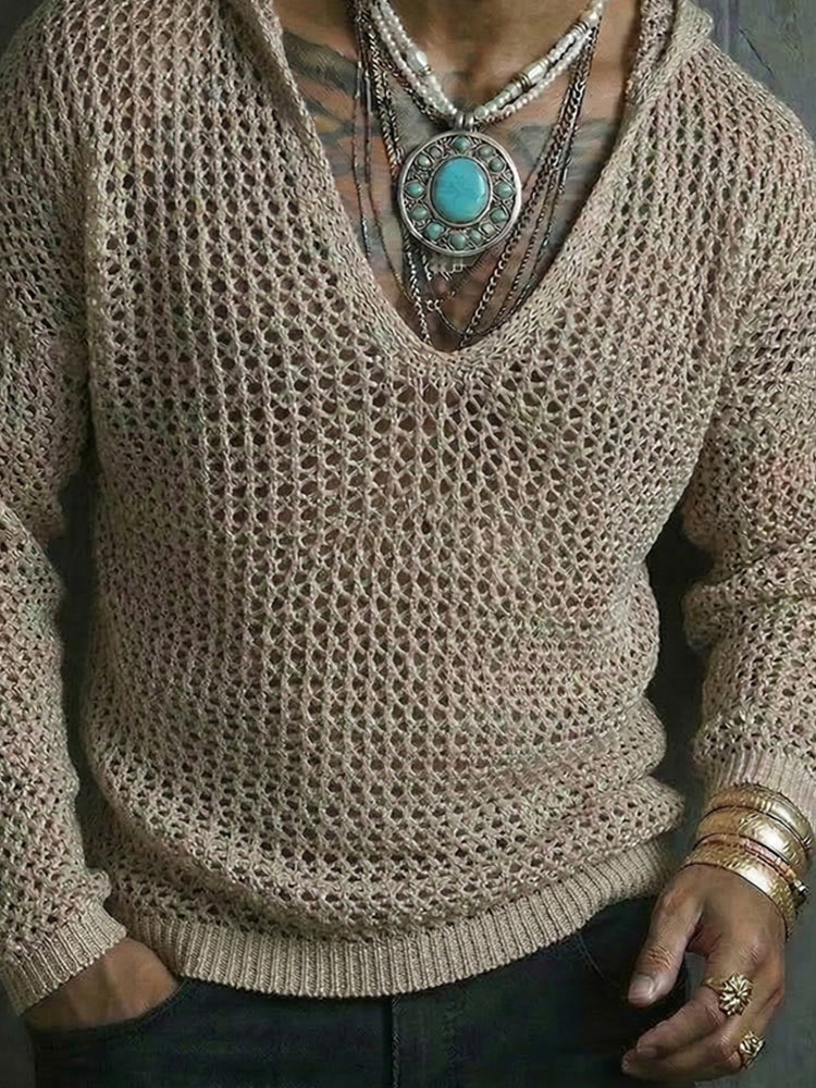 Boho Style Vacation Crochet Knit Hooded Top