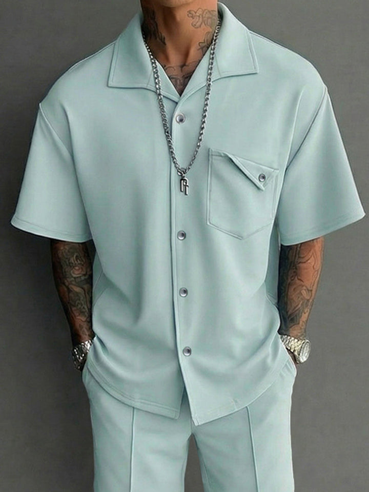Casual Design Pocket Short Sleeve Shirt Shorts Set