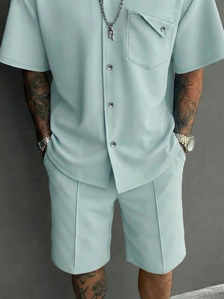 Casual Design Pocket Short Sleeve Shirt Shorts Set
