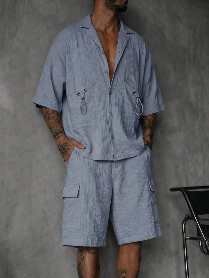 Casual 100% Cotton Textured Shirt Shorts Set