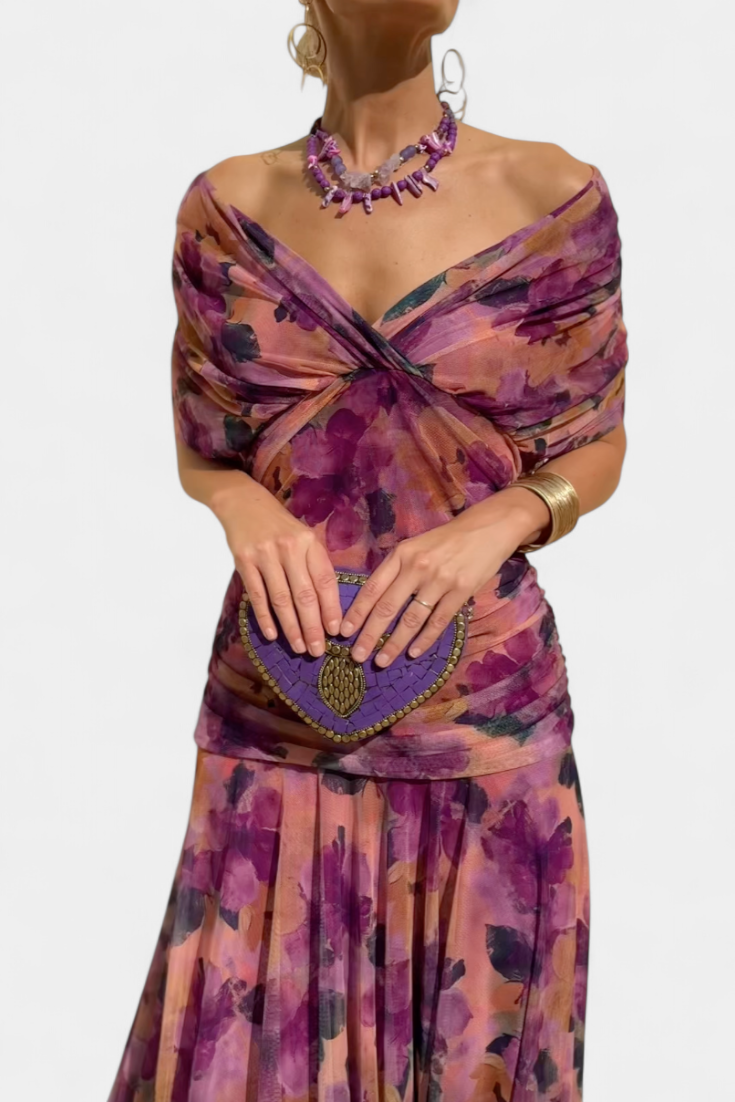 PAULA - VESTIDO LARGO CON ESTAMPADO FLORAL CUELLO EN V