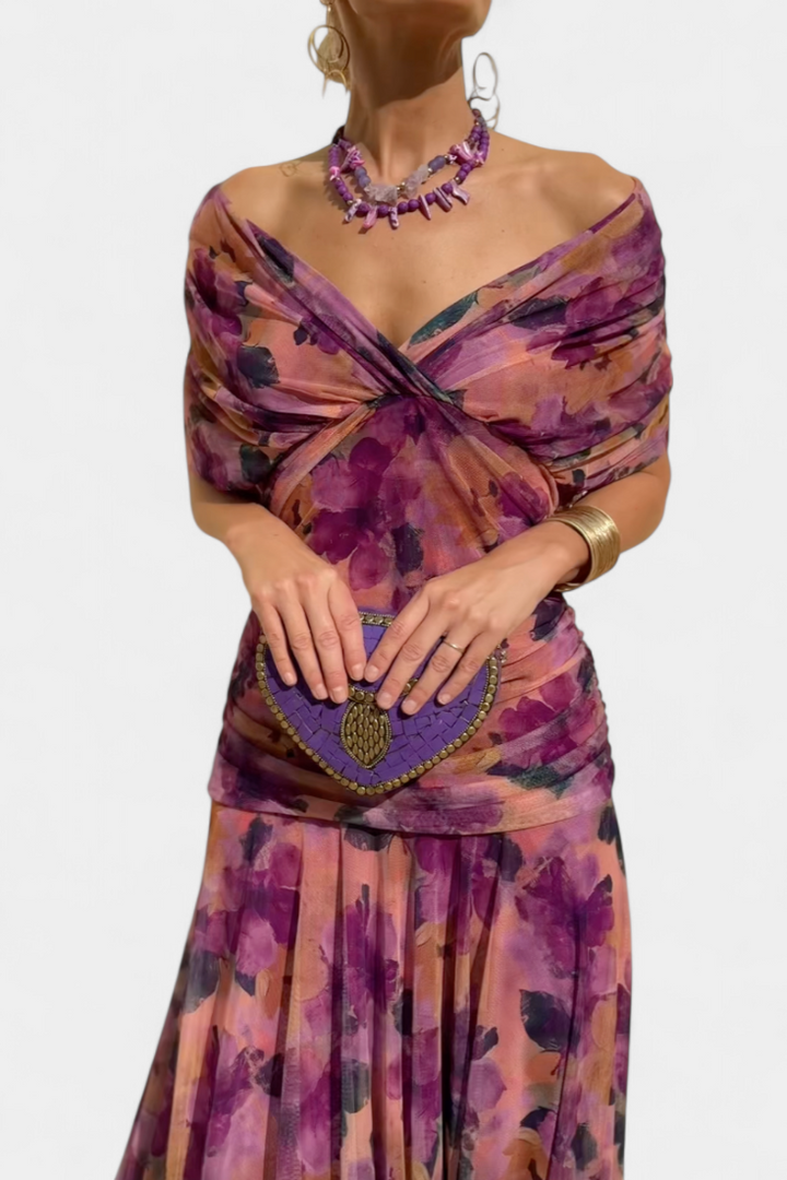 PAULA - VESTIDO LARGO CON ESTAMPADO FLORAL CUELLO EN V