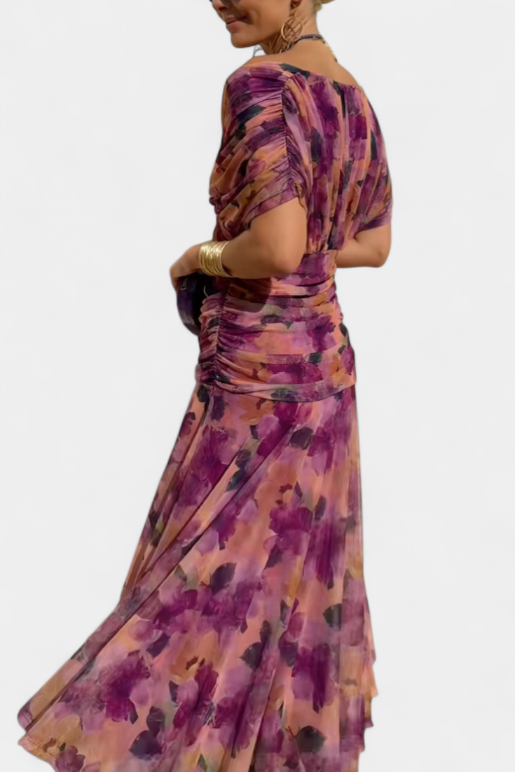 PAULA - VESTIDO LARGO CON ESTAMPADO FLORAL CUELLO EN V