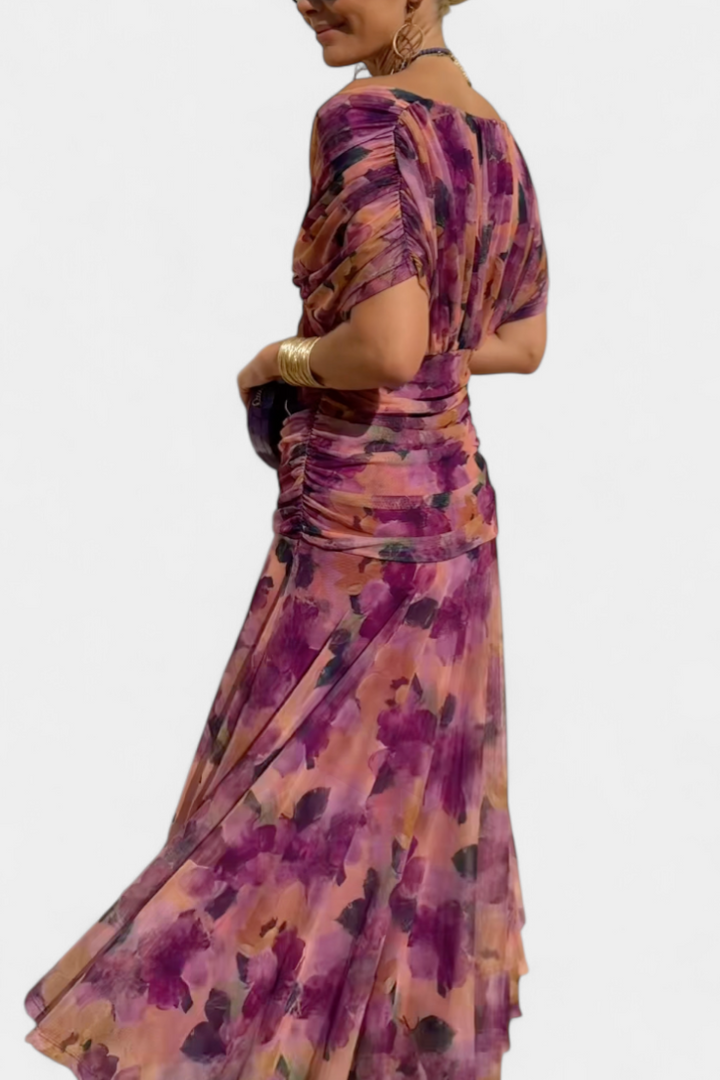 PAULA - VESTIDO LARGO CON ESTAMPADO FLORAL CUELLO EN V