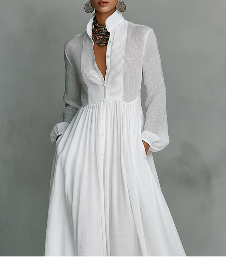 ELISA - VESTIDO MAXI MINIMALISTA DE ALGODÓN Y LINO CON CUELLO ALTO Y MANGAS LARGAS