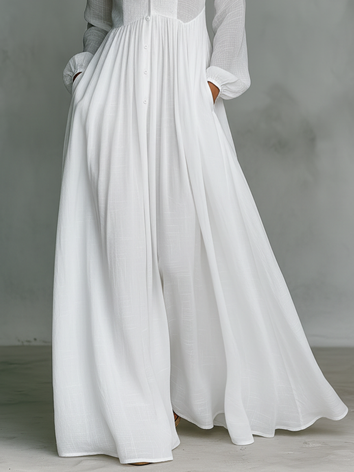ELISA - VESTIDO MAXI MINIMALISTA DE ALGODÓN Y LINO CON CUELLO ALTO Y MANGAS LARGAS