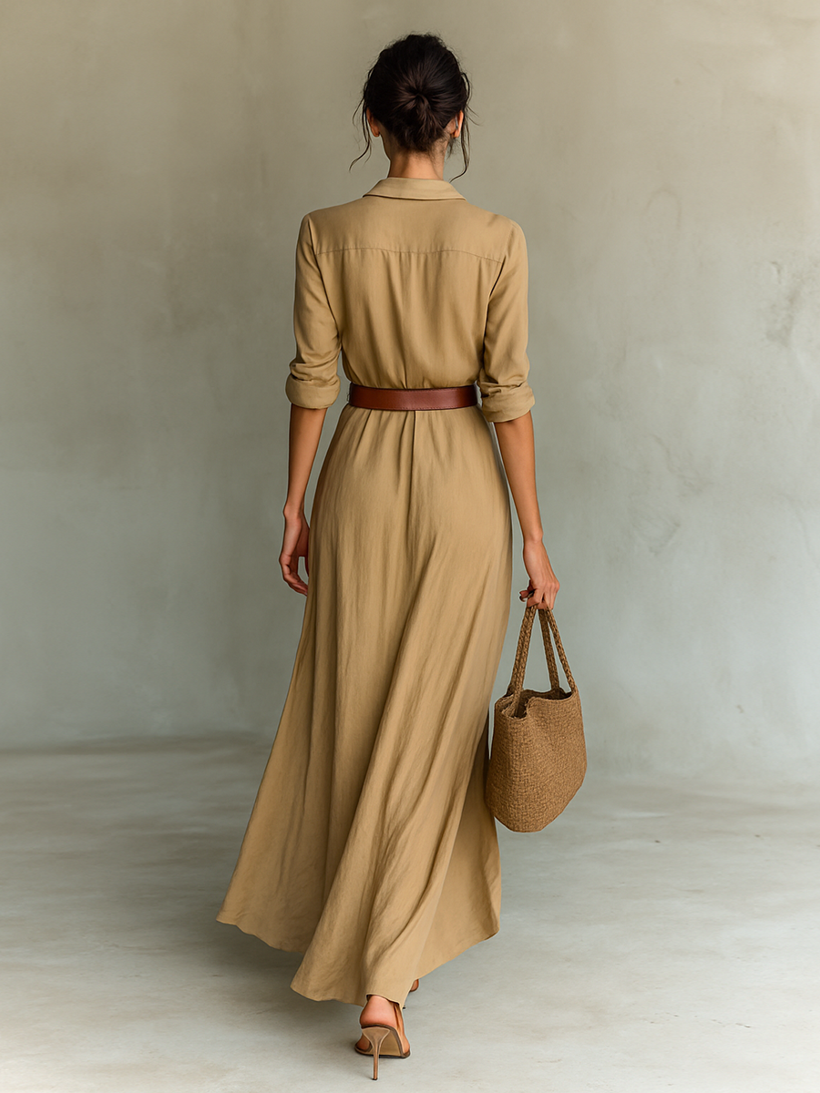 CRISTINA - VESTIDO LARGO CON CUELLO VUELTO Y MANGAS LARGAS PARA MUJER